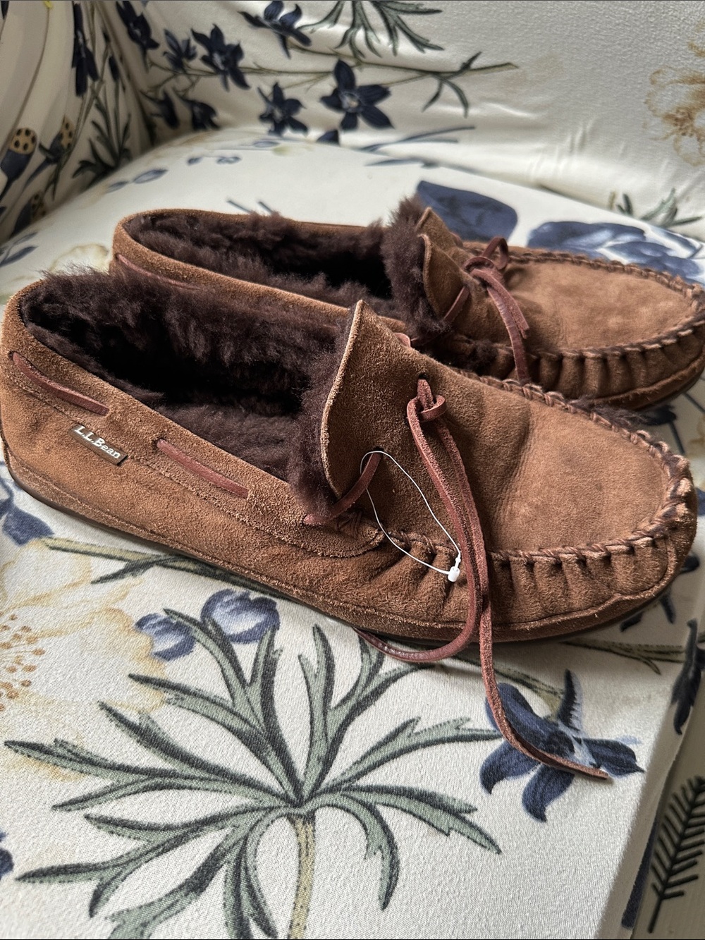 L.L. Bean Brown Suede Shearling-Lined Moccasin Slippers